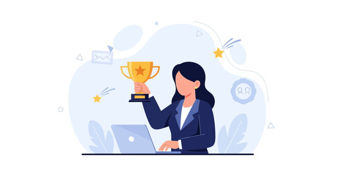Businesswoman holding trophy, working on laptop, celebrating success and achievement in modern flat vector illustration style