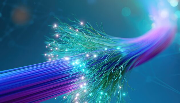 Glowing digital fibers twist and branch with light sparks on dark background
