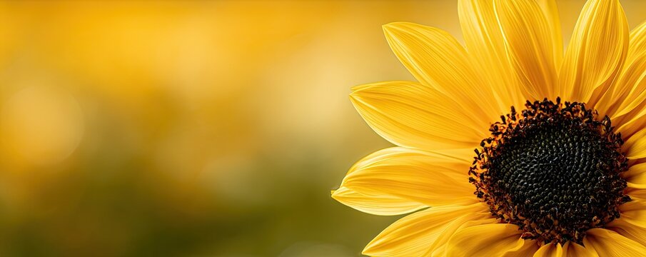 Close up of a vibrant yellow sunflower with a dark center, soft bokeh background