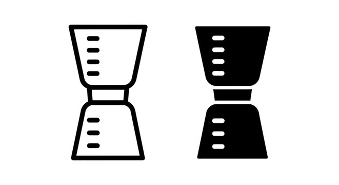 Cocktail jigger measuring tool icon set in line and solid styles with cocktail measuring bartender beverage equipment mixology instrument illustration isolated background