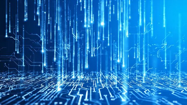 Digital circuit board background with glowing data streams and light