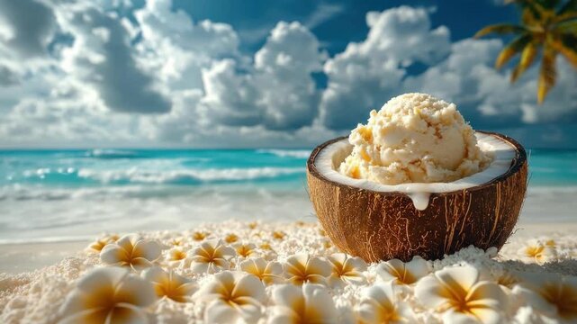 Tropical beach scene with coconut ice cream and white flowers under cloudy sky