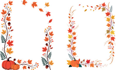 Autumn floral ornament with pumpkins and falling leaves on transparent background fall maple oak pumpkin gourd acorn berries pattern vector illustration graphic design seasonal harvest © AHvect