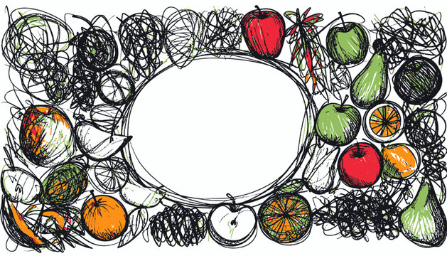 Artistic hand drawn scribble fruit border with blank oval space for text on white background