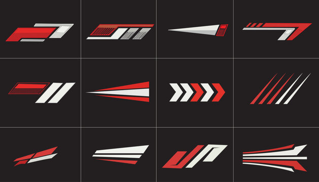 Race car decal and stickers, racing sport labels, motorsport emblems. Vector arrows, checkered flags and stripes. Rally car, team uniform, motorsport decal elements. Red white stickers for motorcycle