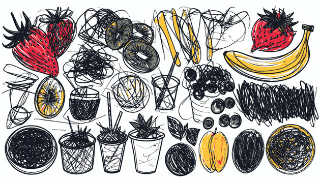 Scribbly hand-drawn doodle of fresh fruits and summer drinks in an artistic sketch style