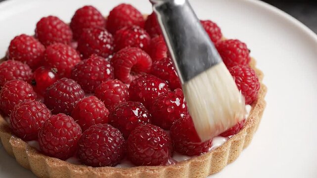 Close-up of raspberry tart being glazed with brush, showcasing fresh raspberries on cream filling in a round pastry shell on a white plate