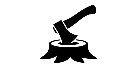 Axe embedded in tree stump with logs black and white silhouette hatchet woodcutting lumberjack forestry timber chopping felling, Axe embedded in tree stump in a dark striking vector © SujetaRani