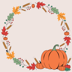 Fototapeta premium Autumn floral ornament with pumpkins and leaves on transparent background fall maple oak foliage pumpkin gourd wheat grain berries wreath frame border vector illustration graphic