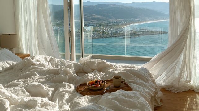 Cozy bed with fruit and coffee overlooking sunny ocean view