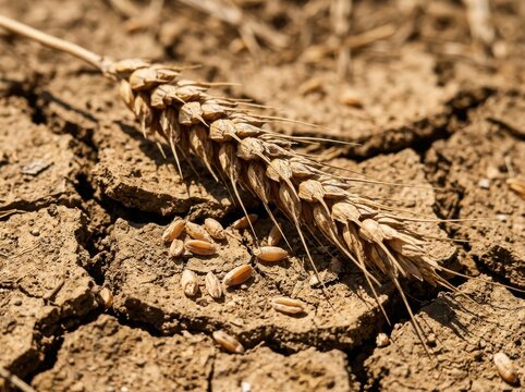El Ni&ntilde;o Dry wheat stalk on cracked earth in arid landscape due to drought conditions
