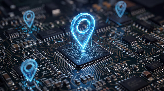 High-tech holographic map with glowing blue GPS location icons above a futuristic circuit surface. Modern digital visualization of navigation, IoT connectivity, artificial intelligence, and global com