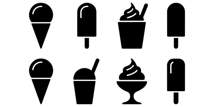Assorted Frozen Desserts Collection Silhouette Set Featuring Ice Cream, Popsicles, Frozen Yogurt, Gelato, Sorbet, Ice Cream Bars, Sundaes, Cones, Sweet Treats, Dessert Icons Isolated Vector
