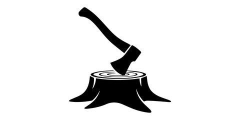 Axe embedded in tree stump with logs black and white silhouette hatchet woodcutting lumberjack forestry timber chopping felling, Axe embedded in tree stump in a dark striking vector © SujetaRani