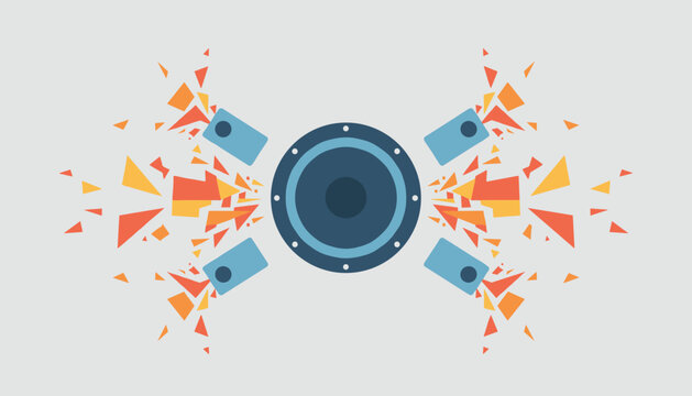 Powerful abstract sound blast illustration showing an audio speaker surrounded by geometric exploding shards.