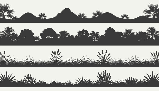 Set of four horizontal repeating forest shrub and grass vector silhouette borders on a light cream background.