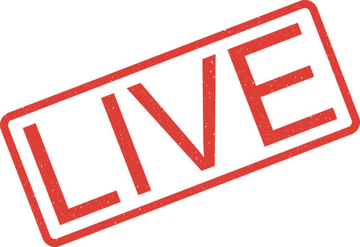 Grungy red live stamp sign indicating current broadcast or performance status on screen