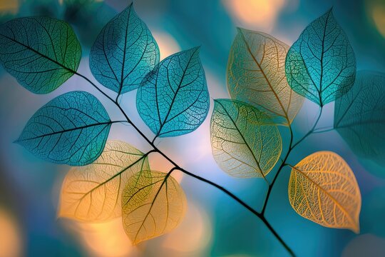 Translucent skeleton leaves on a dark branch, bathed in soft light