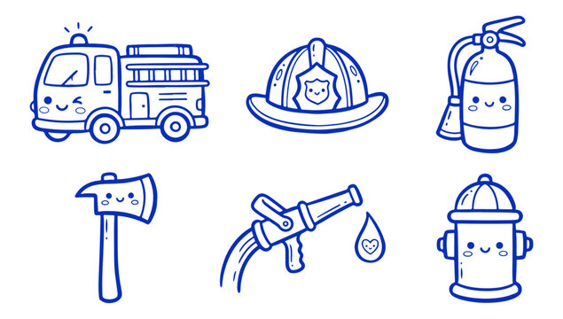 Set of cute firefighter icons with fire truck helmet and equipment for kids illustrations
