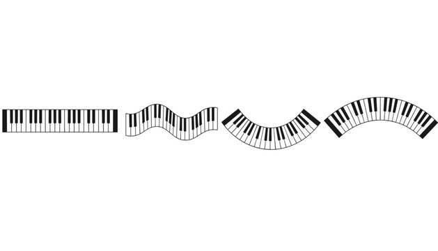 Music keyboard design elements showing piano keys curved and warped into straight, wavy, and arched shapes.