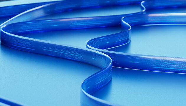 3D Digital Ribbon Network flowing across a blue surface.