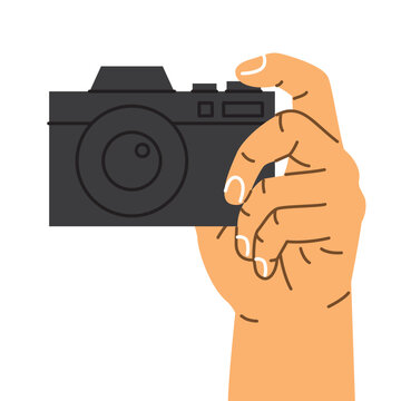 hand holding photo camera, photography and travel concept - vector illustration