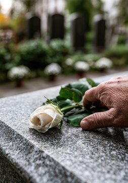 A hand places a white rose on a stone grave marker in a cemetery
