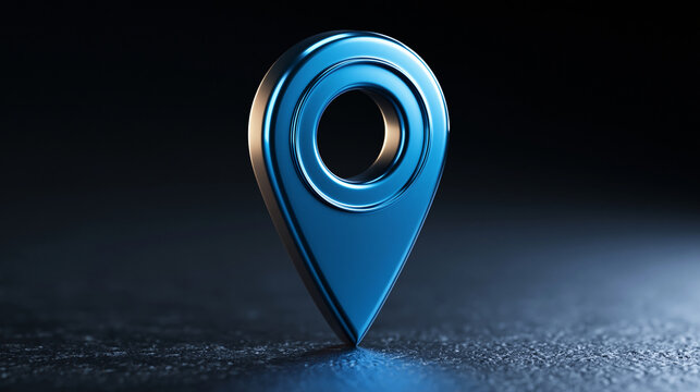 A glossy 3D blue map location pin stands on a dark textured surface. This icon is ideal for travel, navigation, and digital marketing concepts.