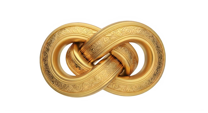 Golden infinity loop symbol with engraved floral pattern isolated on transparent background.