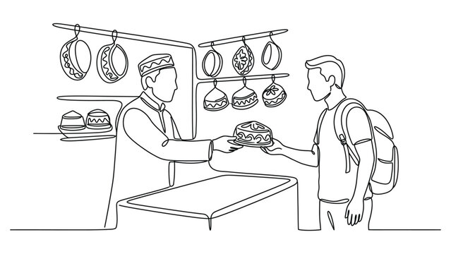 Continuous line art of a merchant selling a traditional hat to a customer