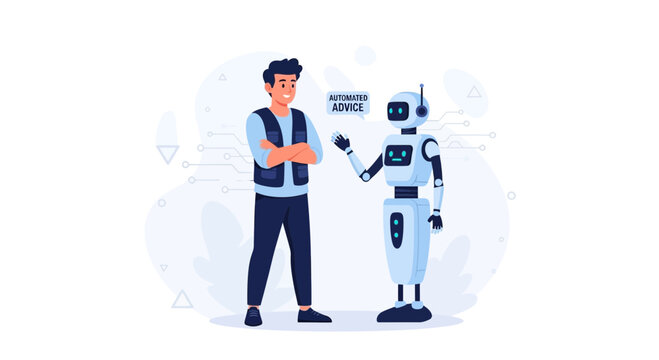 Man interacting with a friendly robot providing automated advice, vector illustration.