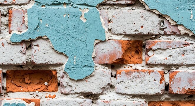 Weathered brick wall with peeling teal paint showing red clay texture beneath