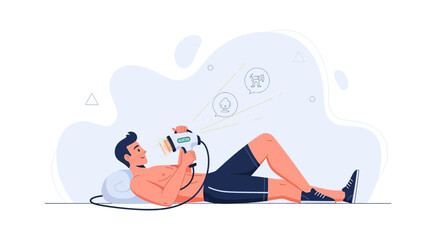 Obraz premium Man receiving therapeutic light treatment for skin rejuvenation and hair growth, vector illustration
