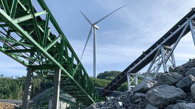 Conveyor belts move materials toward a wind turbine on a sunny day
