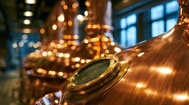 Gleaming copper stills line a dimly lit industrial facility, focusing on a circular viewing window