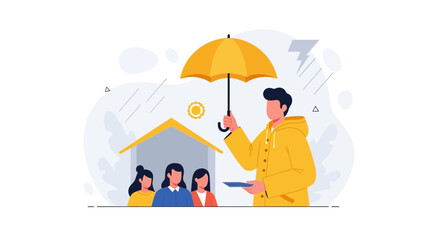 Fototapeta premium Man with Umbrella Protecting Family and Home from Rain, Concept of Security and Insurance