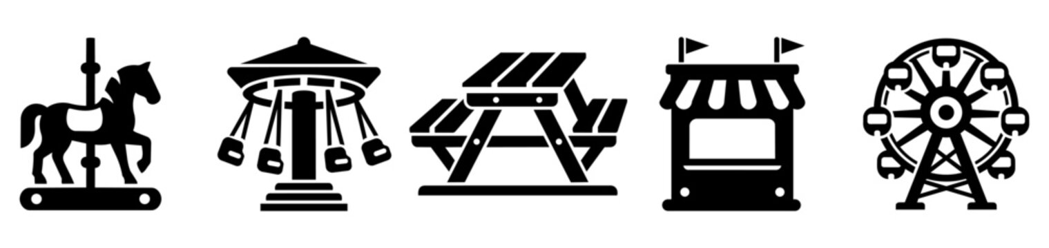 Amusement park icon set with ferris wheel carousel horse ticket booth and picnic table