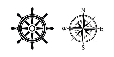 Nautical Symbols featuring ship wheel, compass rose, maritime navigation, sailing equipment, marine adventure, ocean travel and editable vector illustration © shuvo