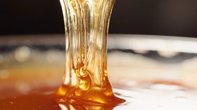 Golden syrup drips from a spoon, creating a smooth flow into a shallow dish, showcasing the thick texture and rich color of the sweet liquid in a close-up view