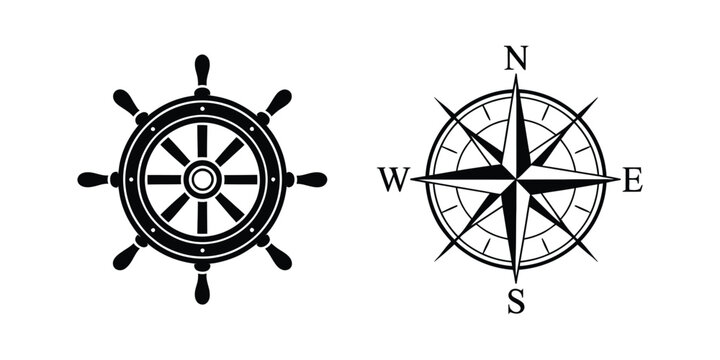 Nautical Symbols with ship wheel, compass rose, maritime navigation, sailing, sea travel, marine equipment and vintage vector illustration