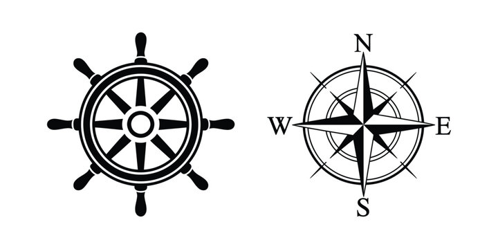 Nautical Symbols featuring ship wheel, compass rose, maritime navigation, sailing equipment, marine adventure, ocean travel and editable vector illustration