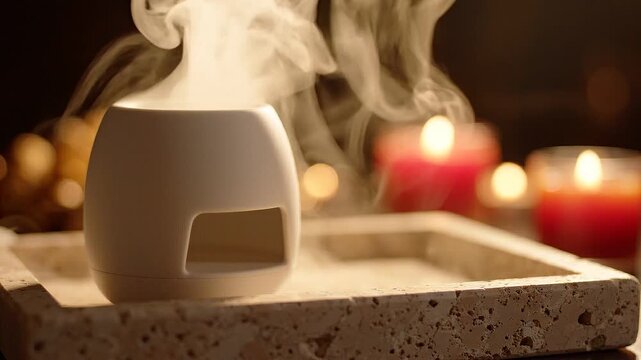 White ceramic aroma diffuser releasing steam on a textured stone tray surrounded by glowing candles in a warm, cozy indoor setting