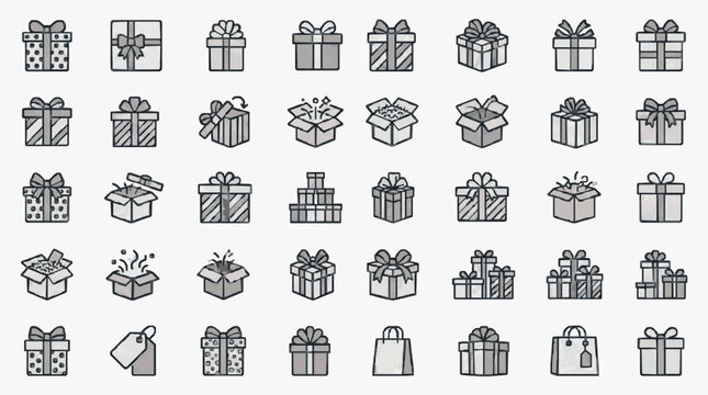 Creative Set of 50 Minimalist Black and White Gift Boxes Bags and Unwrapping Icons for Holiday E commerce and UI Design