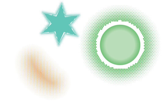 Bright green circle and charming teal star paired with an abstract golden shape featuring halftone dots
