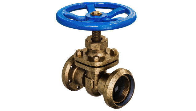 Isolated industrial brass gate valve with blue handwheel for plumbing and fluid control