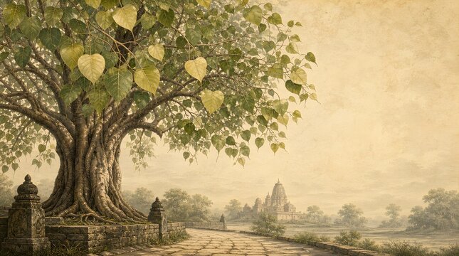 Sacred Indian Peepal Tree Ficus Religiosa Temple Path Engraving Banner