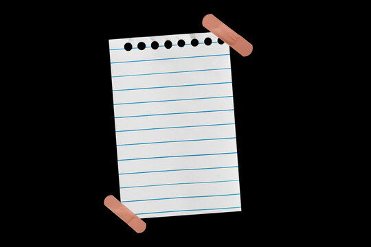 Piece of notebook paper patched with a torn bandage, isolated black JPEG.