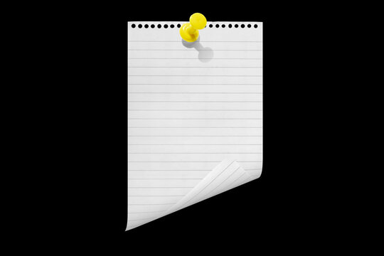 Torn notebook paper attached with a push pin isolated on a black background.