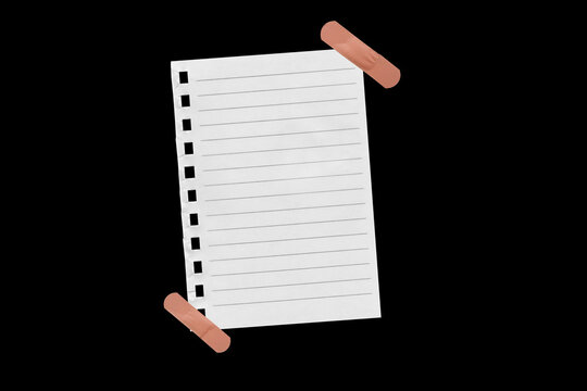 Piece of notebook paper patched with a torn bandage, isolated black JPEG.