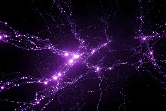 Abstract digital background featuring glowing purple neural network connections and interconnected light nodes on black